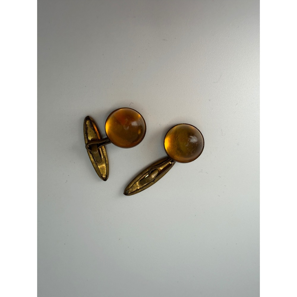 Vintage Amber Tone Cufflinks Gold Tone Domed Resin Mid Century Dapper Vintage
